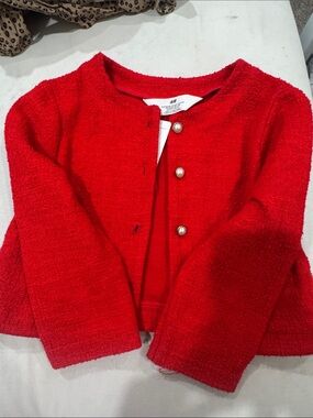 H&M Girls' Bright Red Pearl-Button Tweed Blazer